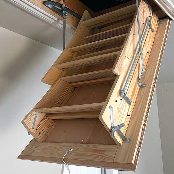 Folding timber attic ladder in a ceiling hatch