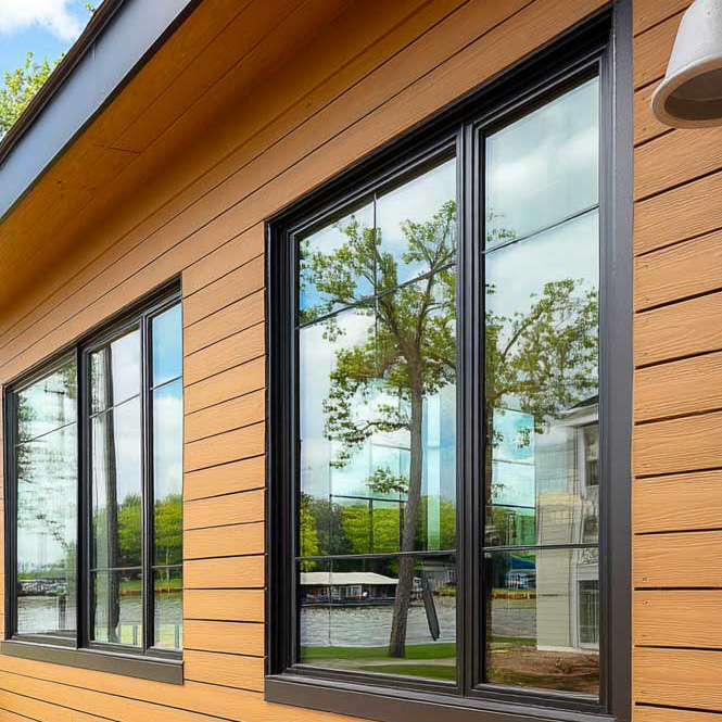 Timber-look exterior cladding around large black-framed windows